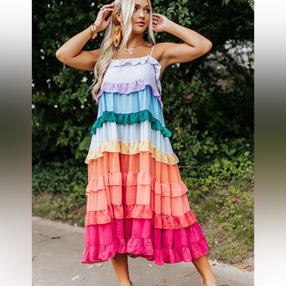 NWOT Storia Rainbow Tiered Ruffled Midi Dress Women’s Small - Picture 6 of 13
